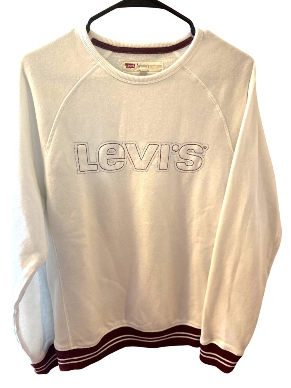 Levis Mens M Cream Logo Sweatshirt Burgundy Trim Raglan Crewneck Y2K Style Retro